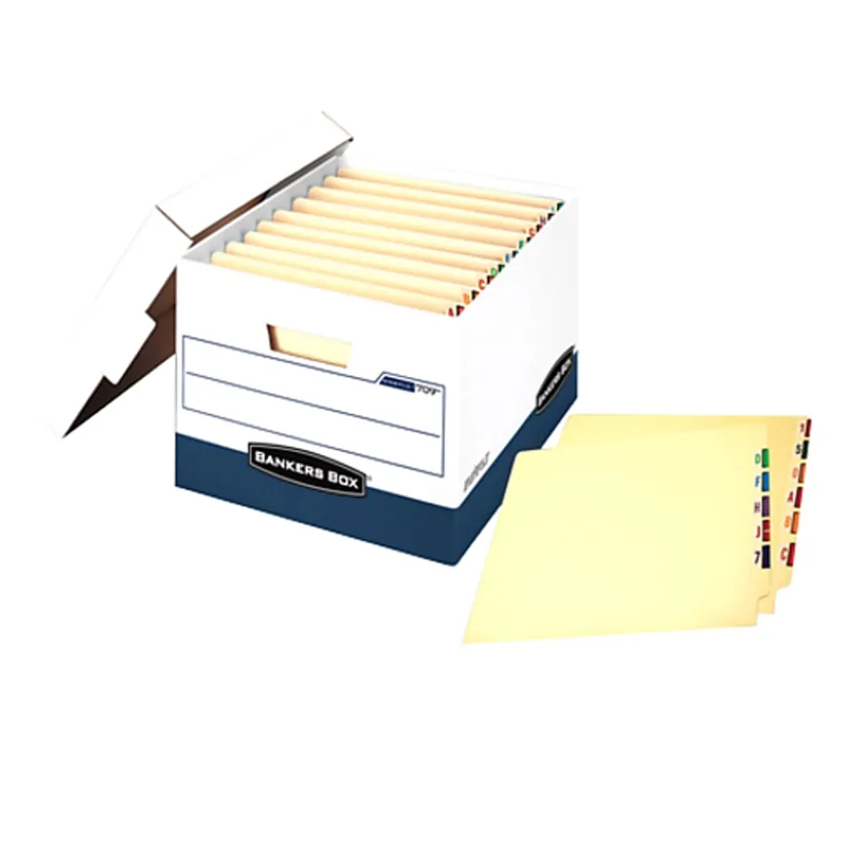 Bankers Box® Stor/File™ Max Lock Heavy-Duty Storage Boxes With Lift-Off Lids, Letter/Legal Size, White/Blue, Case Of 12