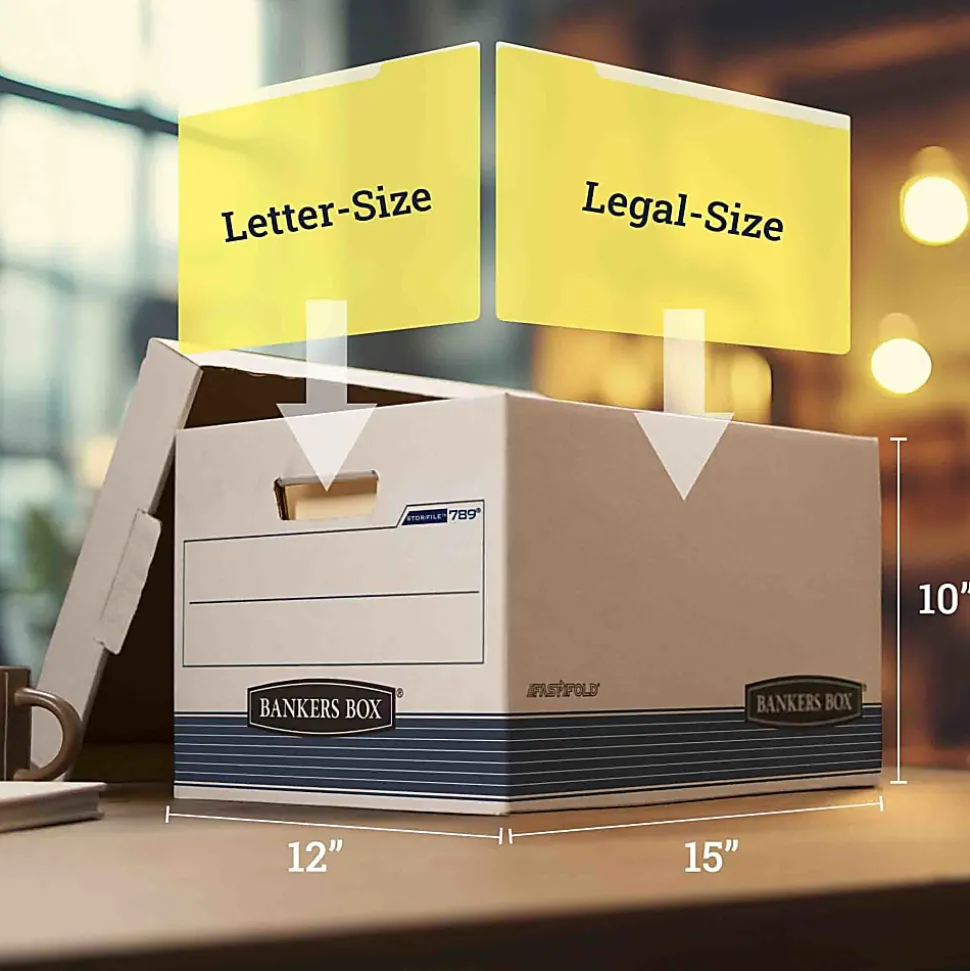 Bankers Box® Stor/File™ Medium-Duty Storage Boxes, Letter/Legal Size, 15" x 12" x 10", White/Blue, Case Of 12 - 00789