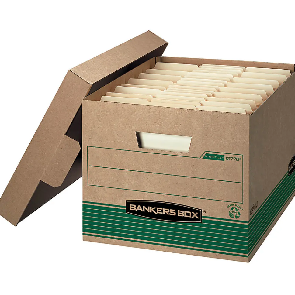 Bankers Box® Stor/File™ Medium-Duty Storage Boxes With Lift-Off Lids, Letter/Legal Size, 10" x 12" x 15", 94% Recycled, Kraft/Green, Case Of 20