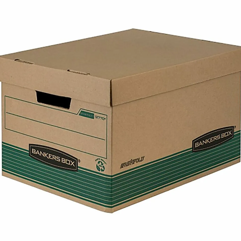 Bankers Box® Stor/File™ Medium-Duty Storage Boxes With Lift-Off Lids, Letter/Legal Size, 10" x 12" x 15", 94% Recycled, Kraft/Green, Case Of 20