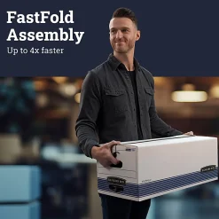 Bankers Box® Stor/File™ Medium-Duty Storage Boxes, Locking Lift-Off Lids & Built-In Handles, Legal Size, 60% Recycled, White/Blue, Case Of 3
