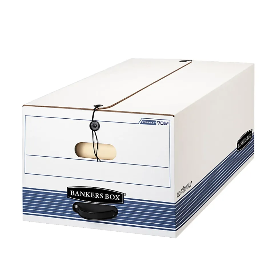 Bankers Box® Stor/File™ Medium-Duty Storage Boxes, Locking Lift-Off Lids & Built-In Handles, Legal Size, 60% Recycled, White/Blue, Case Of 3
