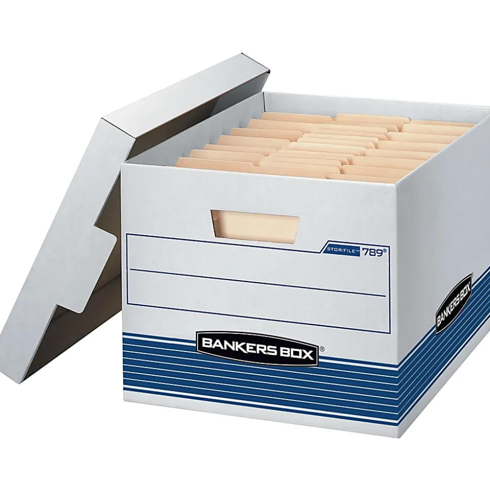 Bankers Box® Stor/File™ Medium-Duty Storage Boxes, Letter/Legal Size, 15“ x 12" x 10", White/Blue, Case Of 4 - 78907