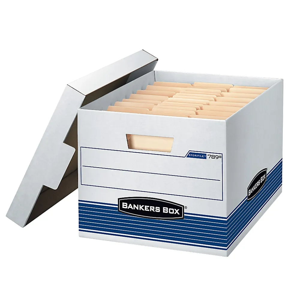 Bankers Box® Stor/File™ Medium-Duty Storage Boxes, Letter/Legal Size, 15“ x 12" x 10", White/Blue, Case Of 4 - 78907