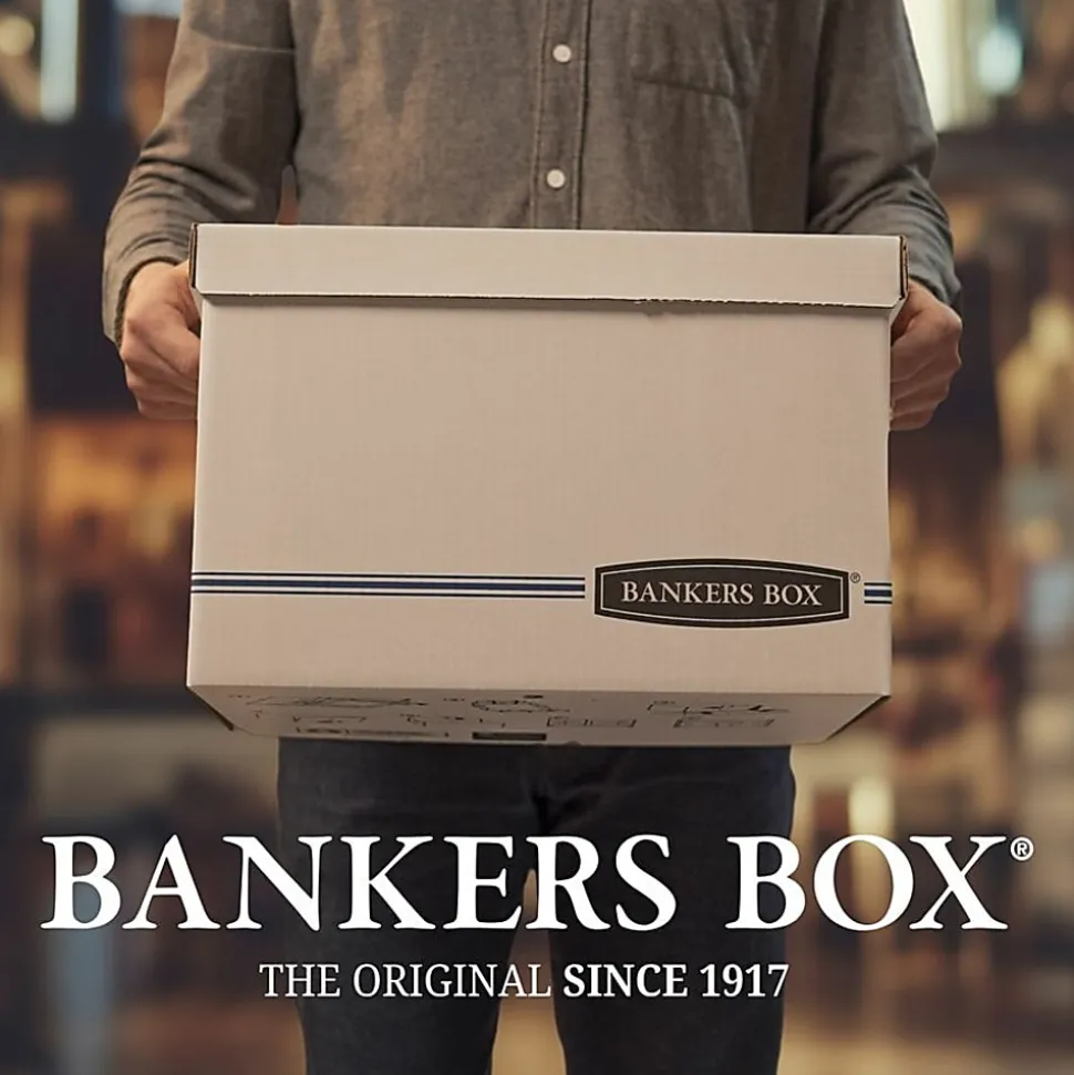 Bankers Box® Stor/File™ Stringed Medium-Duty Storage Boxes, Letter Size, 10" x 12" x 24", White/Blue, Case Of 20