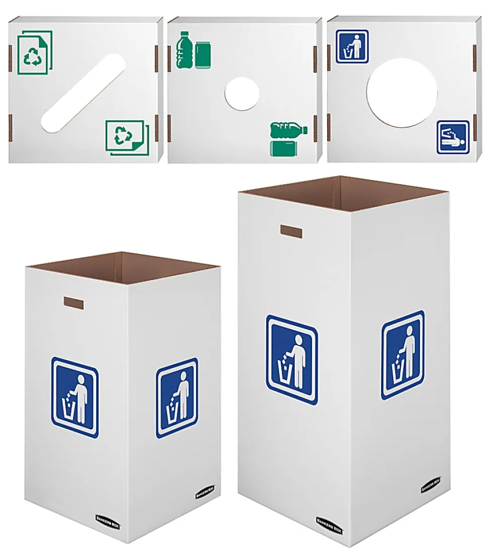Bankers Box® Waste And Recycling Bins, Extra Large Size, 30" x 18" x 18", 50% Recycled, White/Blue, Pack Of 10