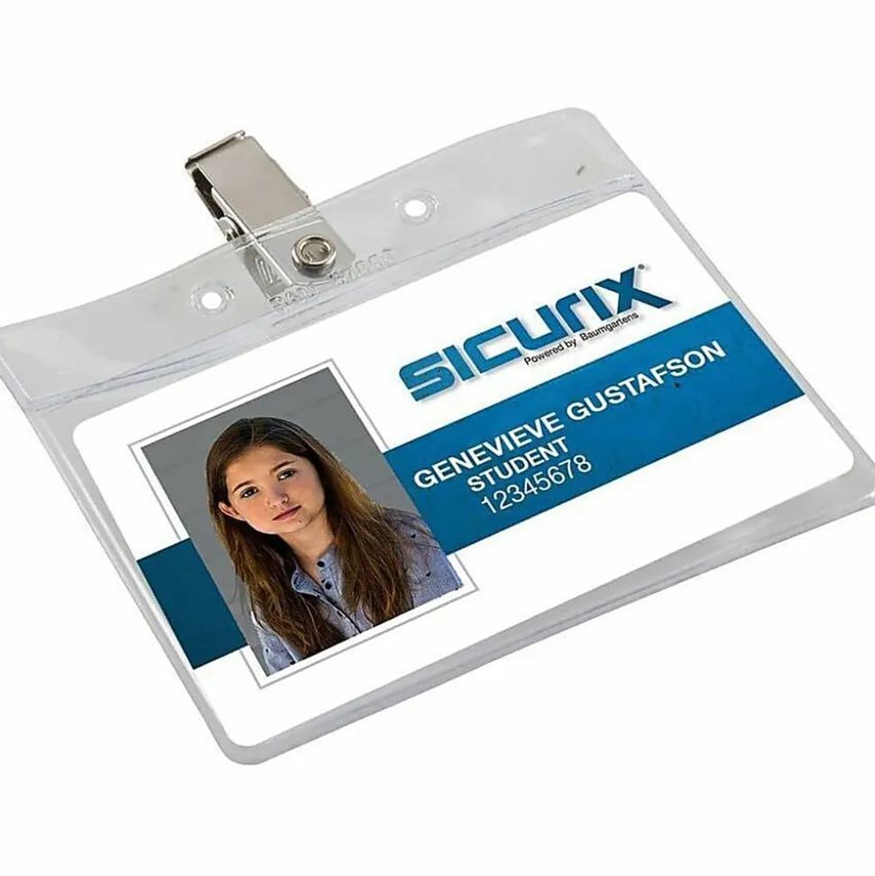 Baumgartens® Horizontal Badge Holder With Clip, 2 1/2" x 3 1/2", Clear, Pack Of 50