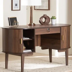 Baxton Studio 56"W HaYes Mid-Century Modern Oval Wood Writing Desk, Brown, Total Qty 1