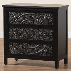 Baxton Studio Yelena 32"W Classic And Traditional Finished Wood 3-Drawer Storage Cabinet, Black/Chrome