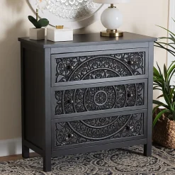 Baxton Studio Yelena 32"W Classic And Traditional Finished Wood 3-Drawer Storage Cabinet, Black/Chrome