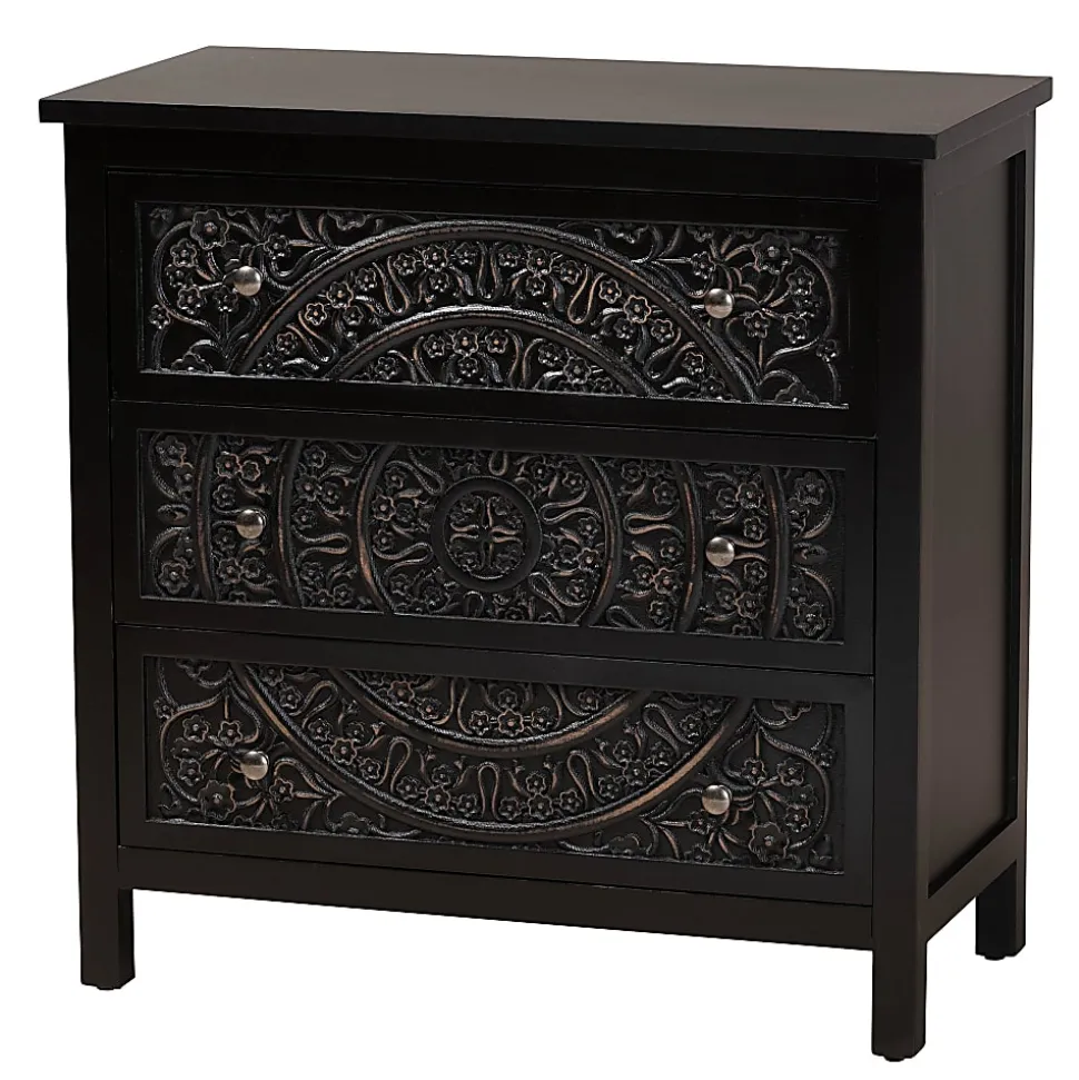 Baxton Studio Yelena 32"W Classic And Traditional Finished Wood 3-Drawer Storage Cabinet, Black/Chrome