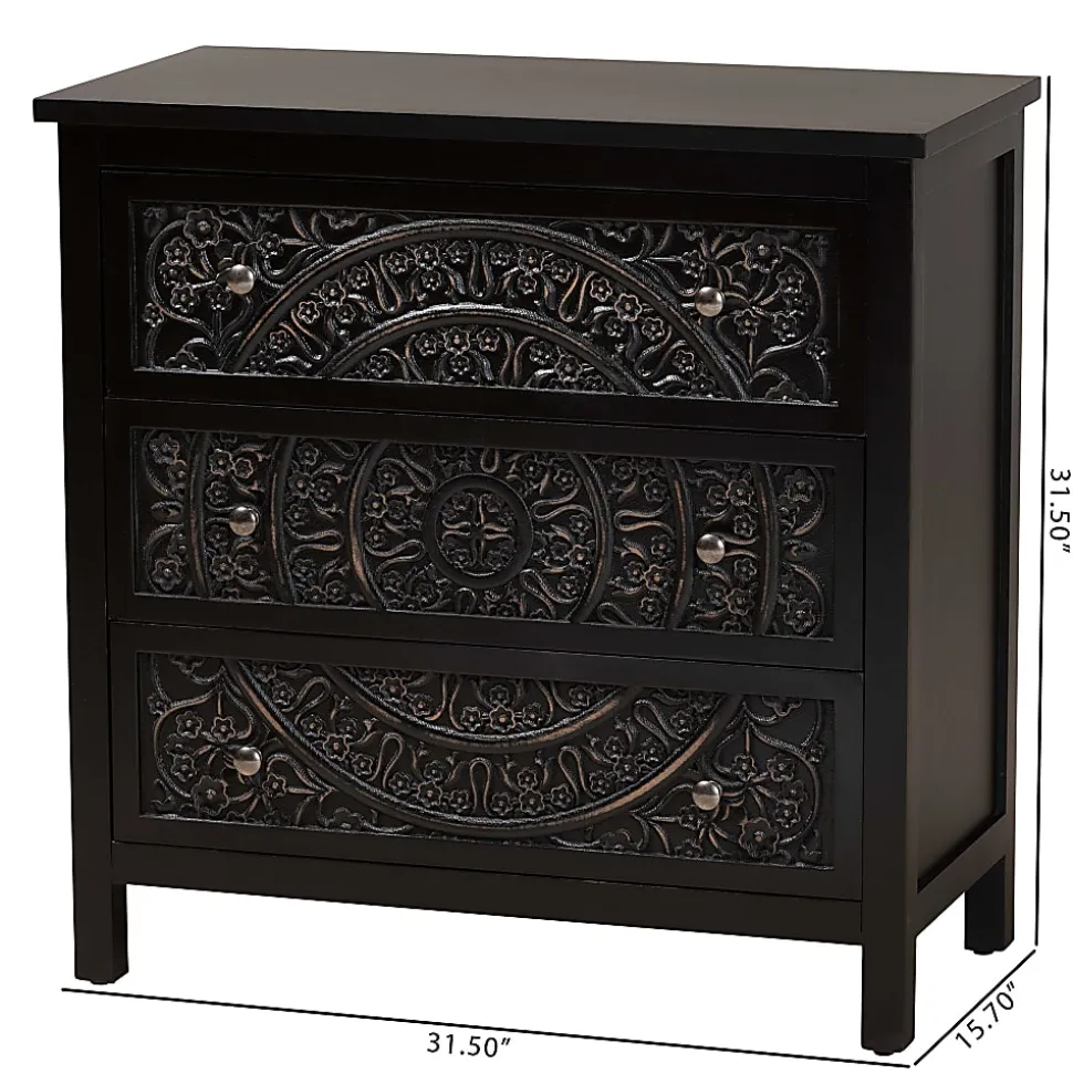 Baxton Studio Yelena 32"W Classic And Traditional Finished Wood 3-Drawer Storage Cabinet, Black/Chrome