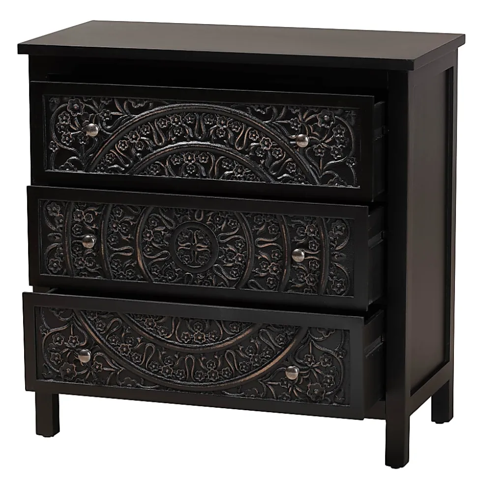 Baxton Studio Yelena 32"W Classic And Traditional Finished Wood 3-Drawer Storage Cabinet, Black/Chrome
