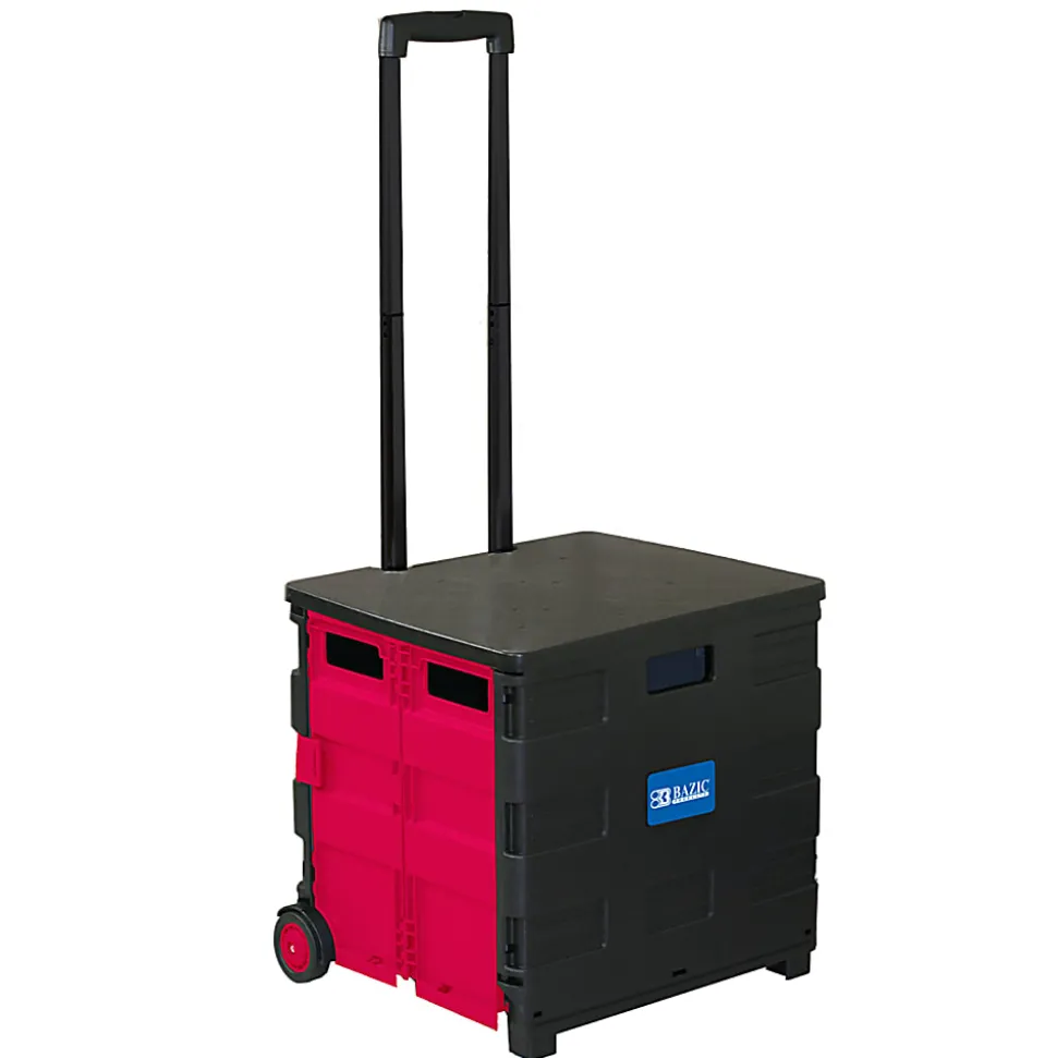 BAZIC Products Folding Cart On Wheels With Lid Cover, 18"H x 15"W x 16"D, Black/Red