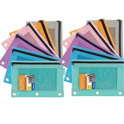 BAZIC Products 3-Ring Pencil Pouches with Mesh Windows, 9-13/16” x 7”, Retro Pastel, Pack Of 12 Pouches