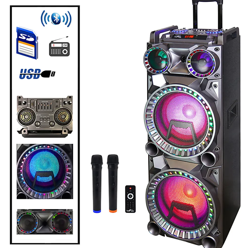 BeFree Sound Dual 10" Subwoofer Bluetooth Portable Party Speaker With Sound Reactive Party Lights