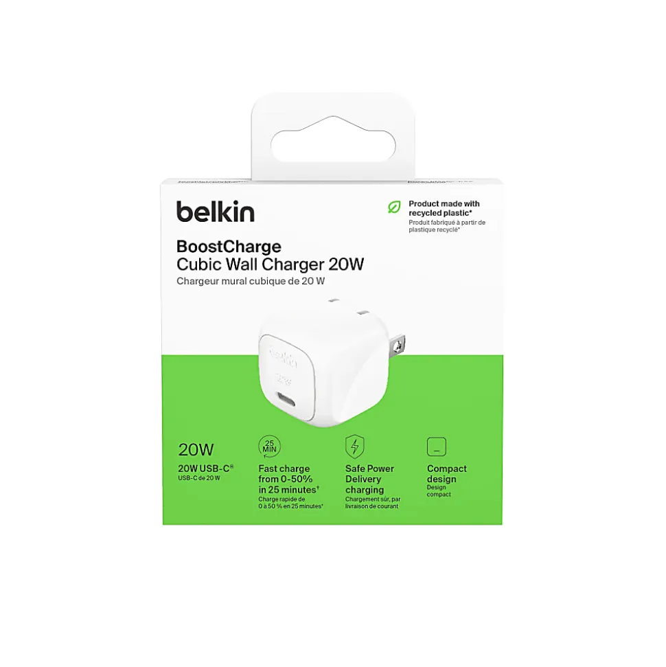 Belkin BoostCharge Compact USB-C Wall Charger for Iphone/Samsung/Google, 20W, White, WCA009DQWH