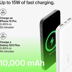Belkin BoostCharge Power Bank, 10K, For Iphone/Samsung/Google Pixel, White, BPB011BTWH