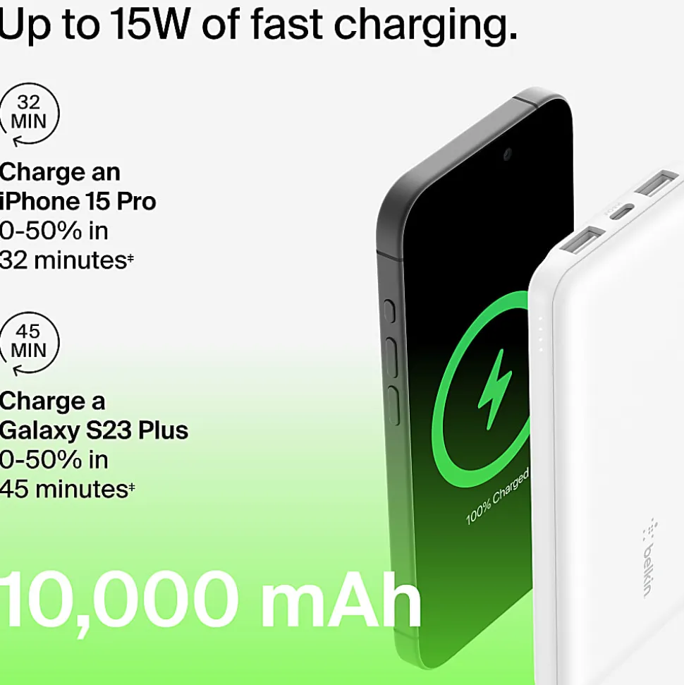 Belkin BoostCharge Power Bank, 10K, For Iphone/Samsung/Google Pixel, White, BPB011BTWH