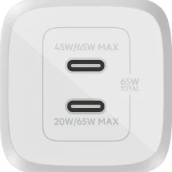 Belkin BoostCharge Pro Dual USB-C GaN Wall Charger with PPS 65W Laptop Chromebook Charging, Power Adapter, WCH013DQWH