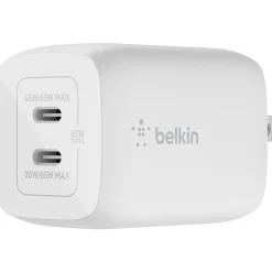 Belkin BoostCharge Pro Dual USB-C GaN Wall Charger with PPS 65W Laptop Chromebook Charging, Power Adapter, WCH013DQWH