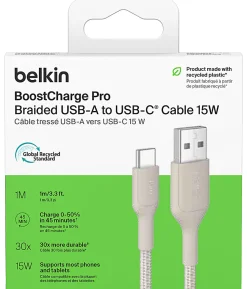 Belkin BoostCharge Pro USB-A to USB-C Cable, 15W, 3.3ft, Sand, CAB022FQ1MSD