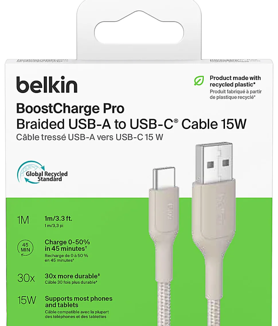 Belkin BoostCharge Pro USB-A to USB-C Cable, 15W, 3.3ft, Sand, CAB022FQ1MSD