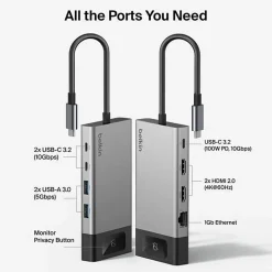 Belkin Connect 8-Port Dual Display USB-C Hub For Display, Monitor, Workstation, Notebook, MacBook, Tablet, Smartphone