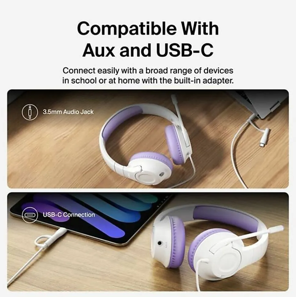 Belkin SoundForm Inspire Wired Over-Ear Headset for Kids, Lavender/White