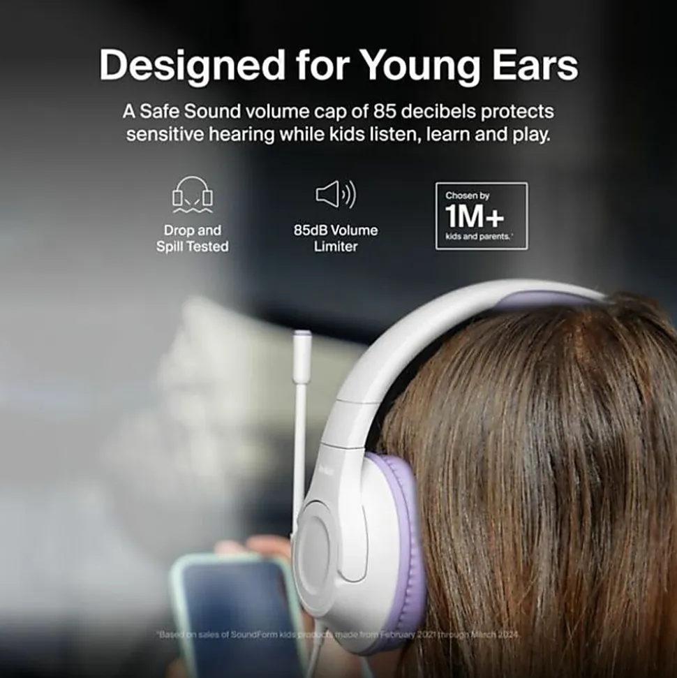 Belkin SoundForm Inspire Wired Over-Ear Headset for Kids, Lavender/White