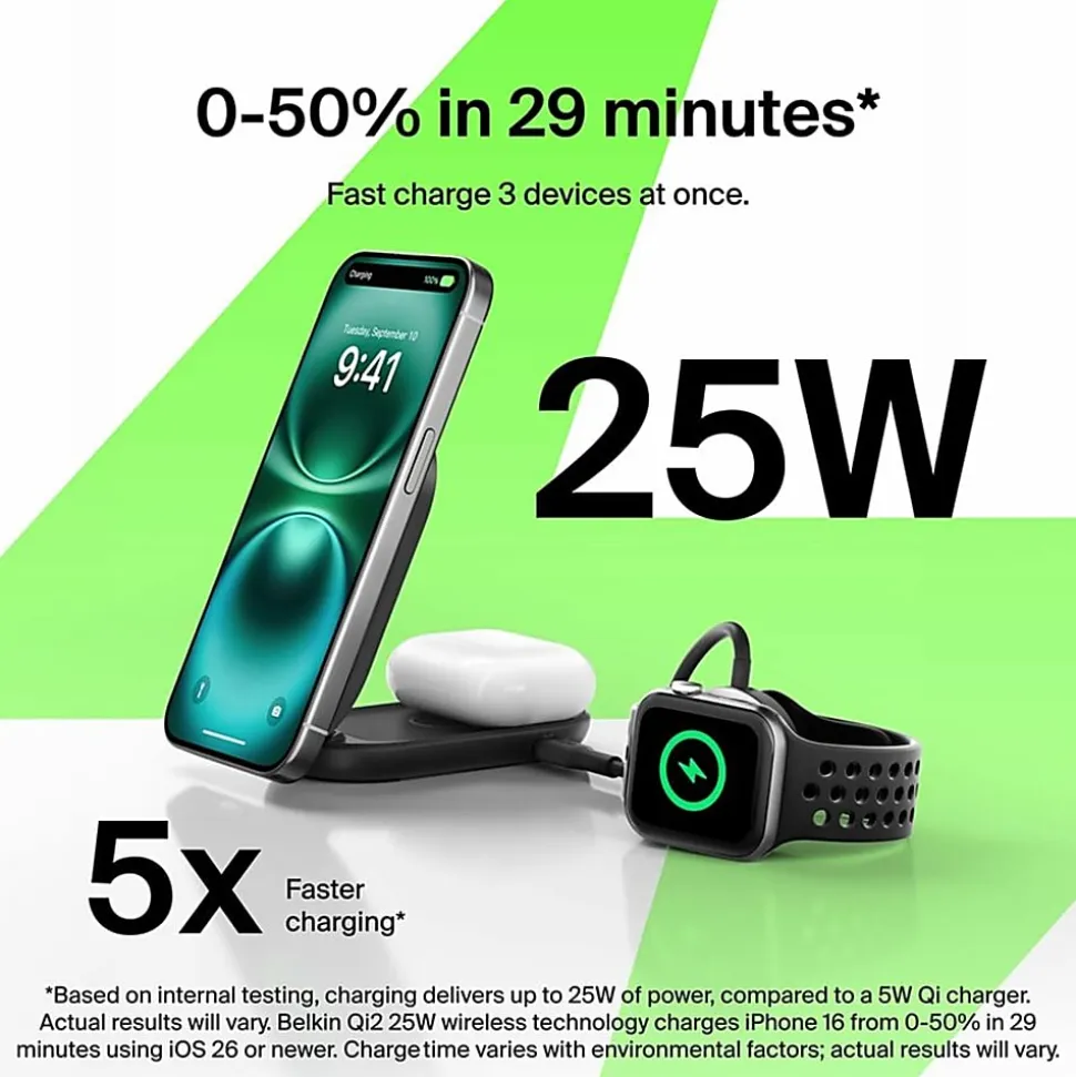Belkin UltraCharge 2-in-1 Foldable Magnetic Charger with Qi2 25W, WIZ039TTBK