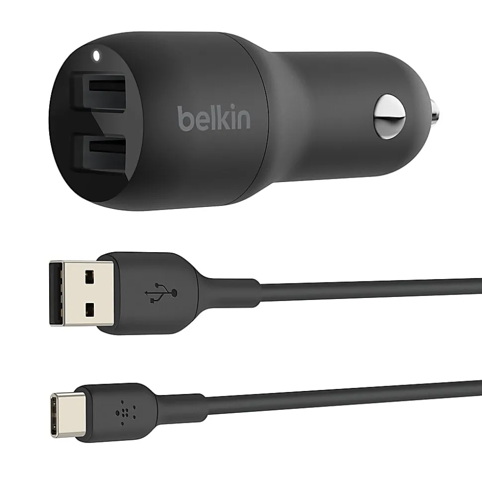 Belkin 24-Watt, Dual USB Car Charger With USB-A To USB-C Cable, 1M/ 3.3 Ft Black