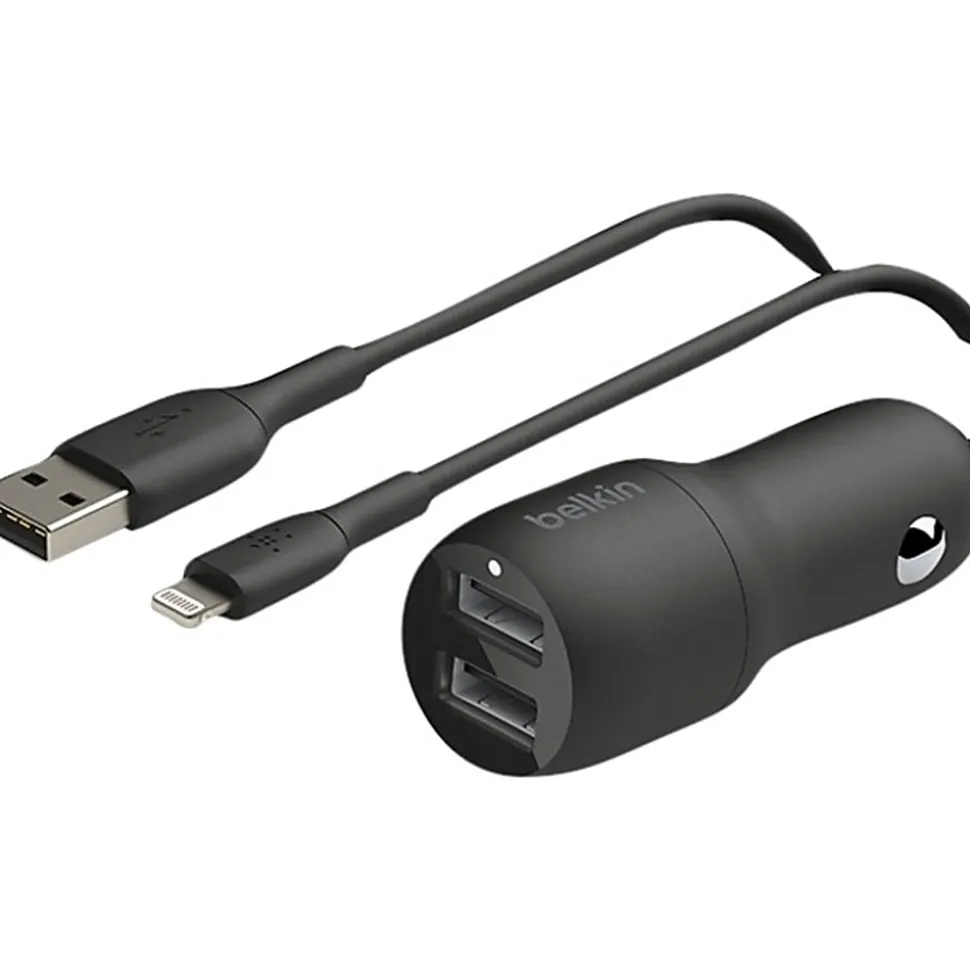 Belkin 24-Watt, Dual USB Car Charger With USB-A To USB-C Cable, 1M/ 3.3 Ft Black