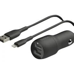 Belkin 42-Watt Dual USB Car Charger With USB-A To Lightning Cable,1M/ 3.3 Ft, Black