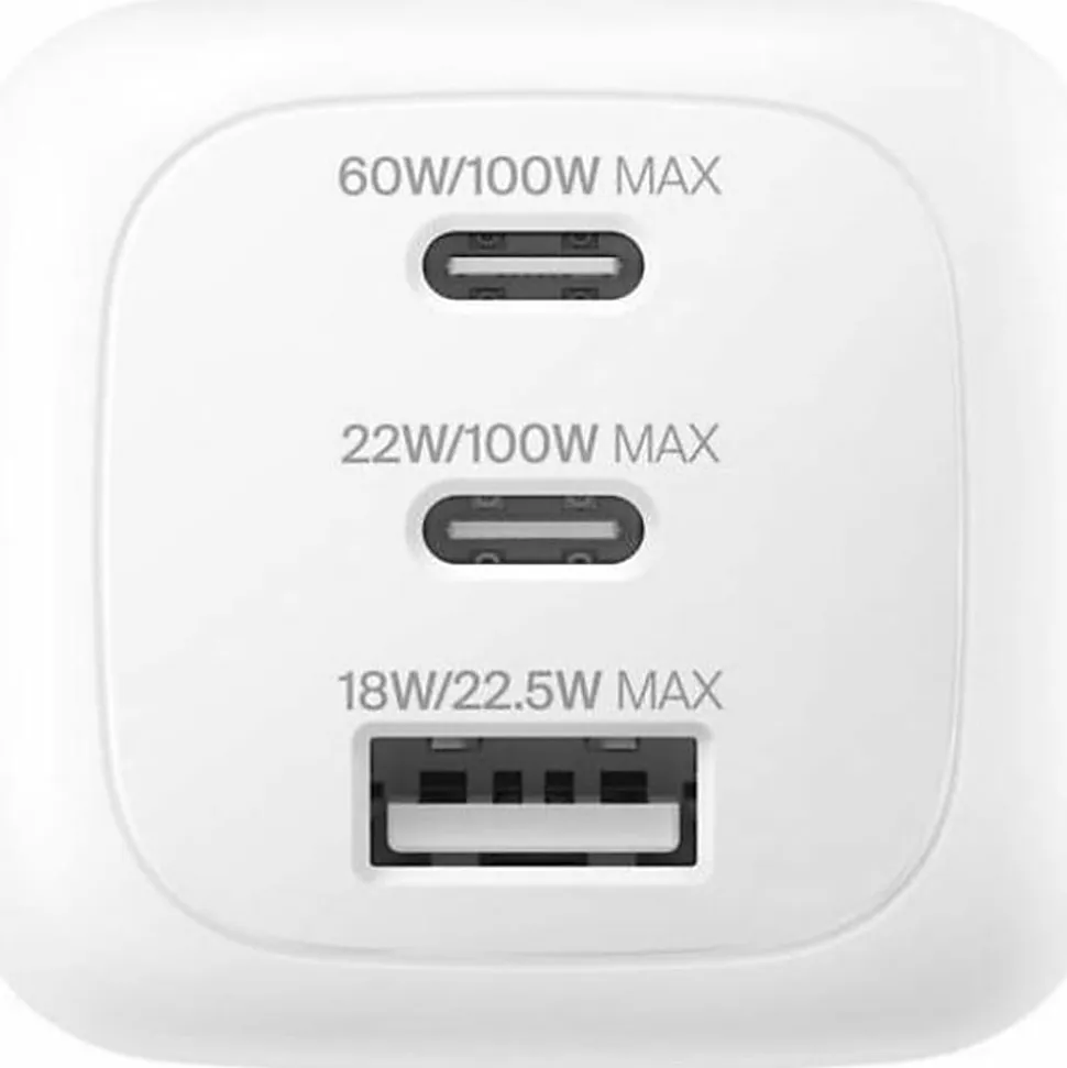 Belkin 100W GaN 3-Port USB Wall Charger - 1xUSB-A, 2xUSB-C - Foldable Prongs - Power Adapter - White - 100 W - White