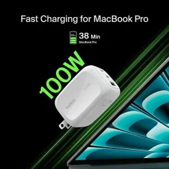 Belkin 100W GaN 3-Port USB Wall Charger - 1xUSB-A, 2xUSB-C - Foldable Prongs - Power Adapter - White - 100 W - White