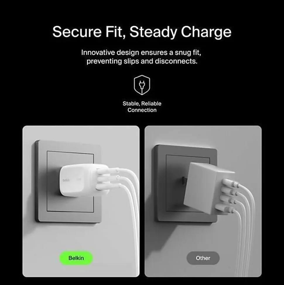 Belkin 100W GaN 3-Port USB Wall Charger - 1xUSB-A, 2xUSB-C - Foldable Prongs - Power Adapter - White - 100 W - White