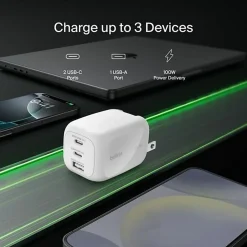 Belkin 100W GaN 3-Port USB Wall Charger - 1xUSB-A, 2xUSB-C - Foldable Prongs - Power Adapter - White - 100 W - White