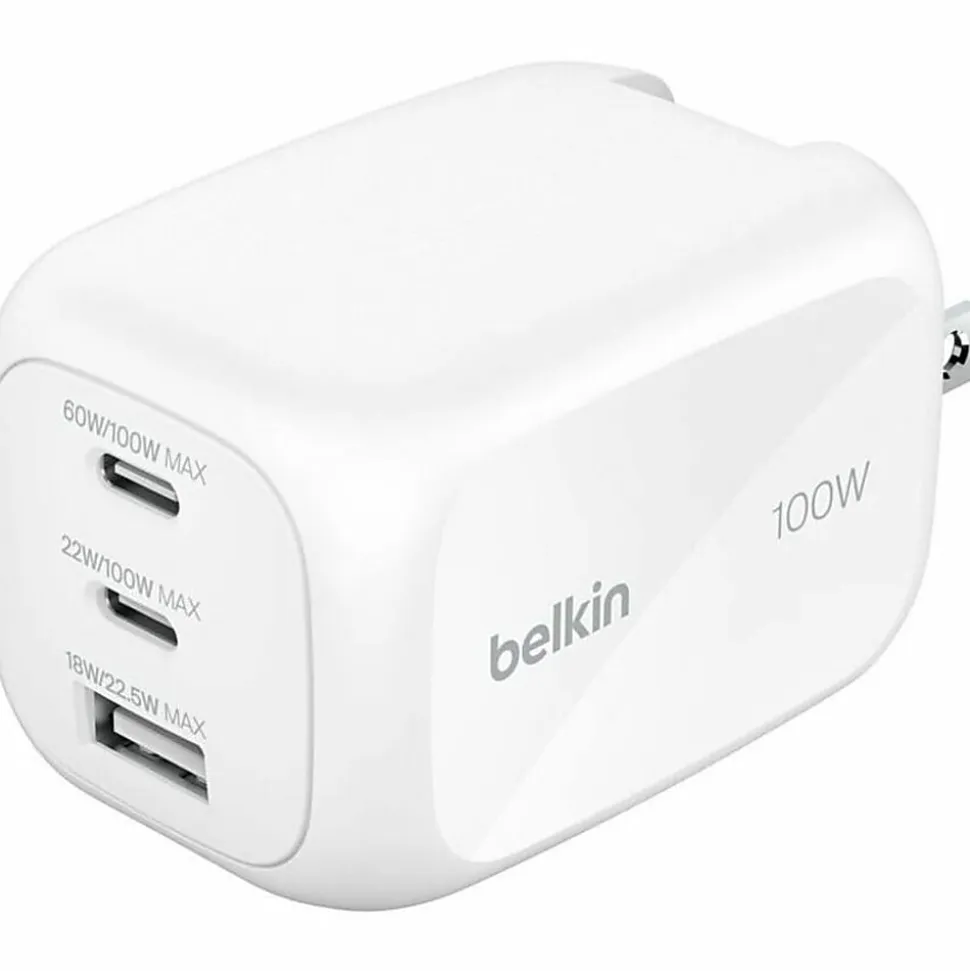 Belkin 100W GaN 3-Port USB Wall Charger - 1xUSB-A, 2xUSB-C - Foldable Prongs - Power Adapter - White - 100 W - White