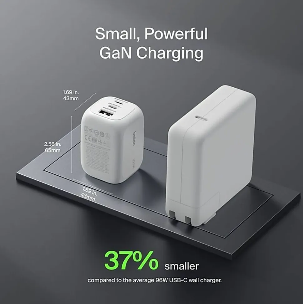 Belkin 100W GaN 3-Port USB Wall Charger - 1xUSB-A, 2xUSB-C - Foldable Prongs - Power Adapter - White - 100 W - White