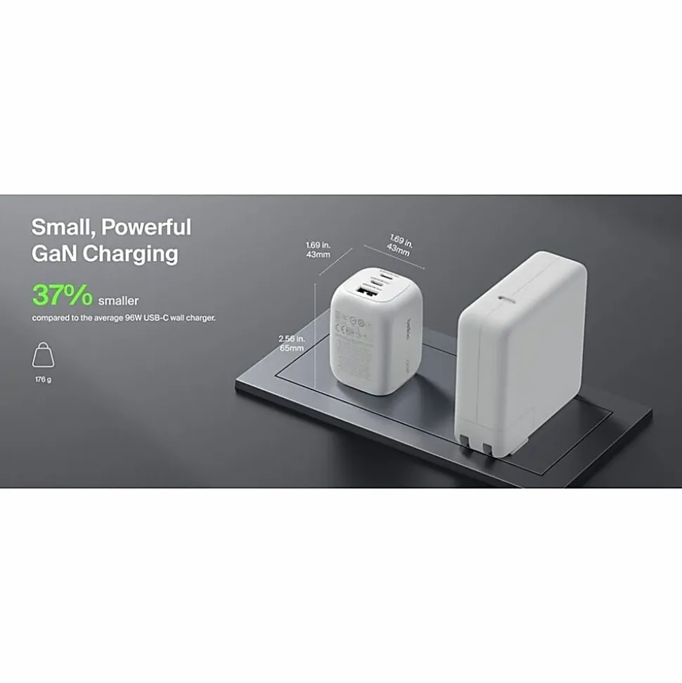 Belkin 100W GaN 3-Port USB Wall Charger - 1xUSB-A, 2xUSB-C - Foldable Prongs - Power Adapter - White - 100 W - White