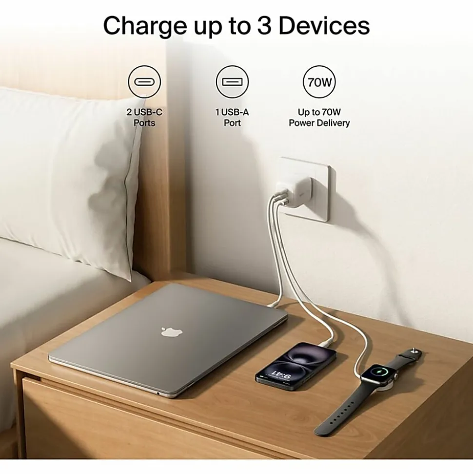 Belkin 70W GaN 3-Port USB Wall Charger - 1xUSB-A, 2xUSB-C - Foldable Prongs - Power Adapter - White - 70 W - United States