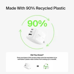 Belkin 70W GaN 3-Port USB Wall Charger - 1xUSB-A, 2xUSB-C - Foldable Prongs - Power Adapter - White - 70 W - United States