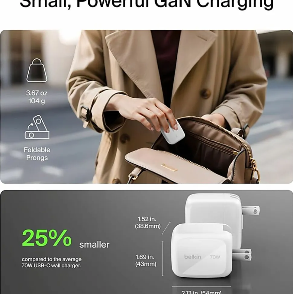 Belkin 70W GaN 3-Port USB Wall Charger - 1xUSB-A, 2xUSB-C - Foldable Prongs - Power Adapter - White - 70 W - United States