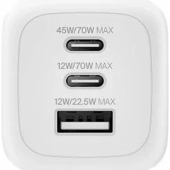 Belkin 70W GaN 3-Port USB Wall Charger - 1xUSB-A, 2xUSB-C - Foldable Prongs - Power Adapter - White - 70 W - United States
