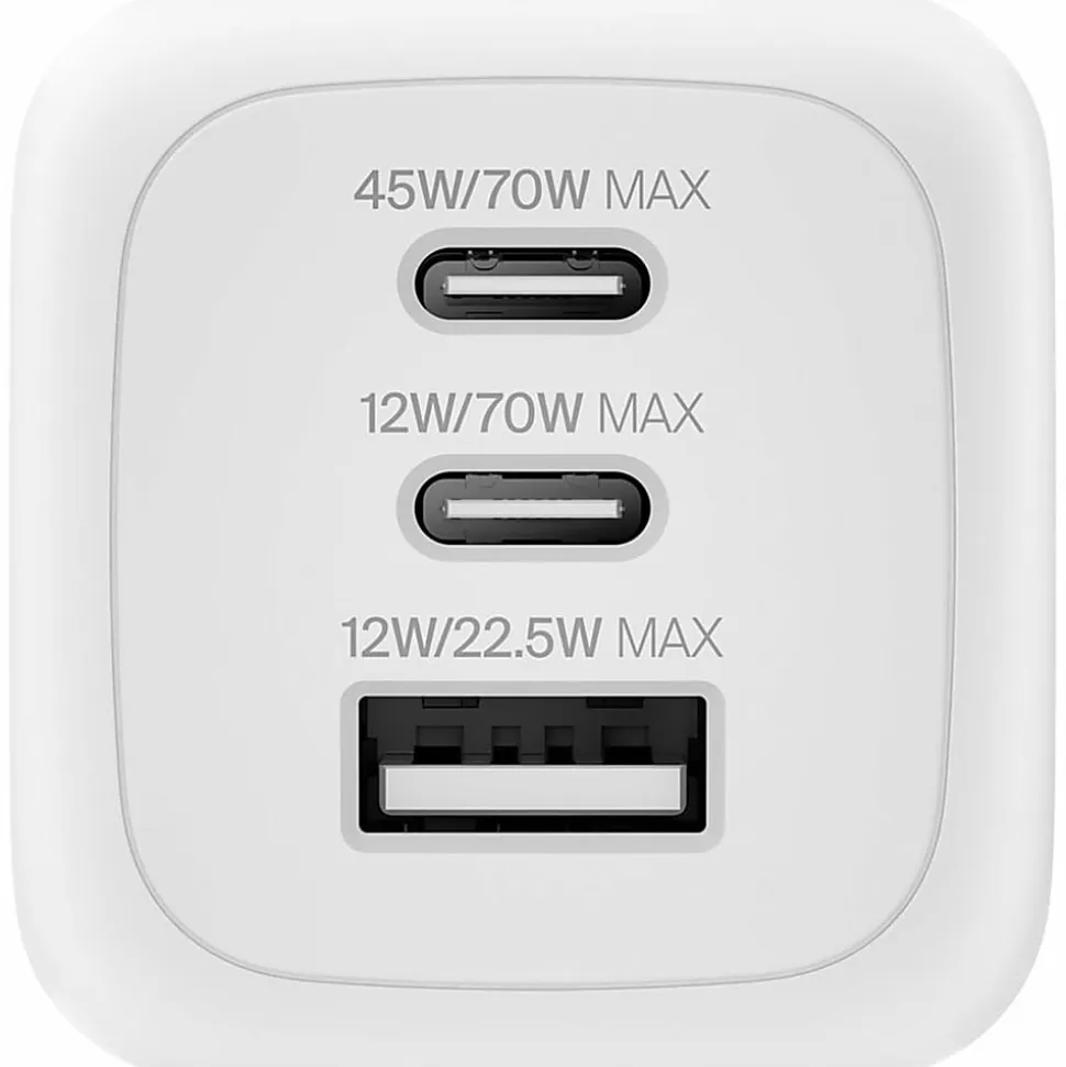 Belkin 70W GaN 3-Port USB Wall Charger - 1xUSB-A, 2xUSB-C - Foldable Prongs - Power Adapter - White - 70 W - United States