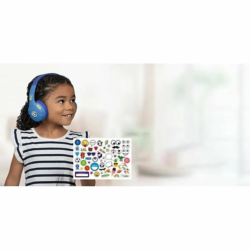 Belkin Wireless Bluetooth On-Ear Headphones for Kids w/ Mic, 85dB Limit, w/ USB-C Cable, Headset, Blue