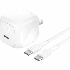 Belkin 45W Portable Cubic USB-C Wall Charger w/ USB-C Cable - 1xUSB-C - Foldable Prongs - Fast Charge - Power Adapter - White - 45 W - 3.30 ft Cable