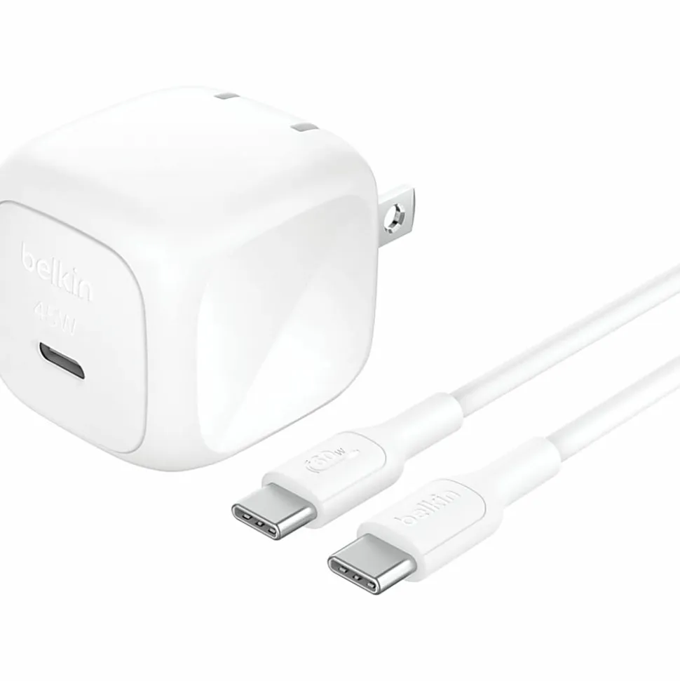 Belkin 45W Portable Cubic USB-C Wall Charger w/ USB-C Cable - 1xUSB-C - Foldable Prongs - Fast Charge - Power Adapter - White - 45 W - 3.30 ft Cable
