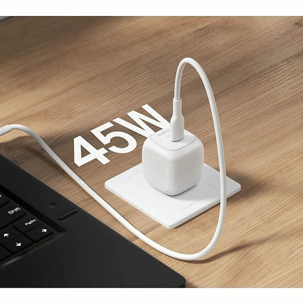 Belkin 45W Portable Cubic USB-C Wall Charger w/ USB-C Cable - 1xUSB-C - Foldable Prongs - Fast Charge - Power Adapter - White - 45 W - 3.30 ft Cable